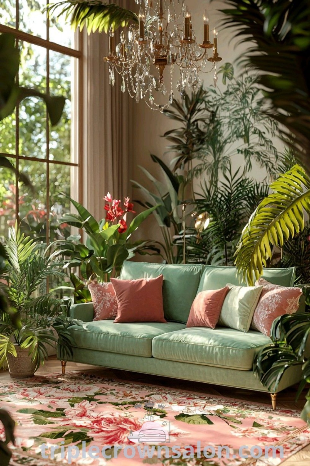 A living room filled with lots of green plants and flowers on a cozy rug, creating a refreshing spa-like ambiance. This decor inspiration showcases unique ideas for your home, blending nature with cozy aesthetics. Explore more design tips at triplecrownsalon.com.