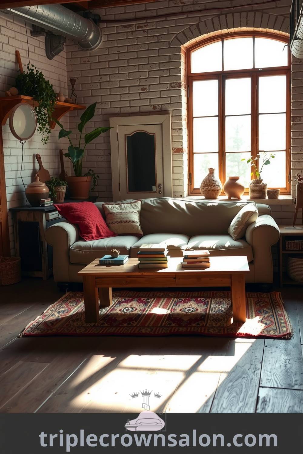 Rustic living room with weathered wooden floors and whitewashed brick walls, featuring a plush sofa, handwoven rug, and potted plants, creating cozy ideas for your home, inspiring decor ideas, and a warm atmosphere. Visit fireplacesandwoodstoves.com for more cozy home inspirations.