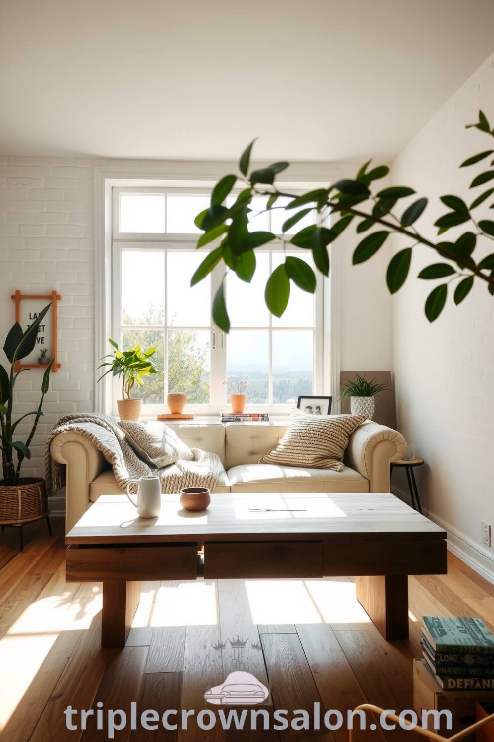 Scandinavian living room with soft green tones, large windows, textured white walls, natural wood flooring, a cozy sofa with a knitted throw, a reclaimed wood coffee table, and potted plants, providing cozy ideas and design inspirations for your home at triplecrownsalon.com.