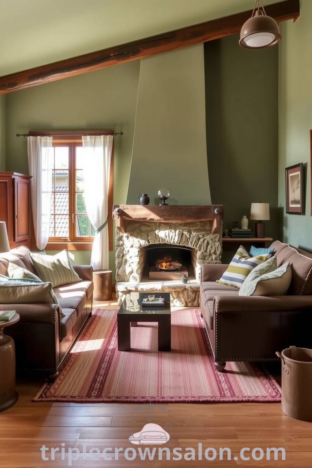 Cozy rustic living room featuring rough-hewn wooden furniture, a stone fireplace, and soft green tones, complemented by mismatched cushions and nature prints, providing inspiring decor ideas for a cozy home ambiance. Visit fireplacesandwoodstoves.com for more unique ideas.