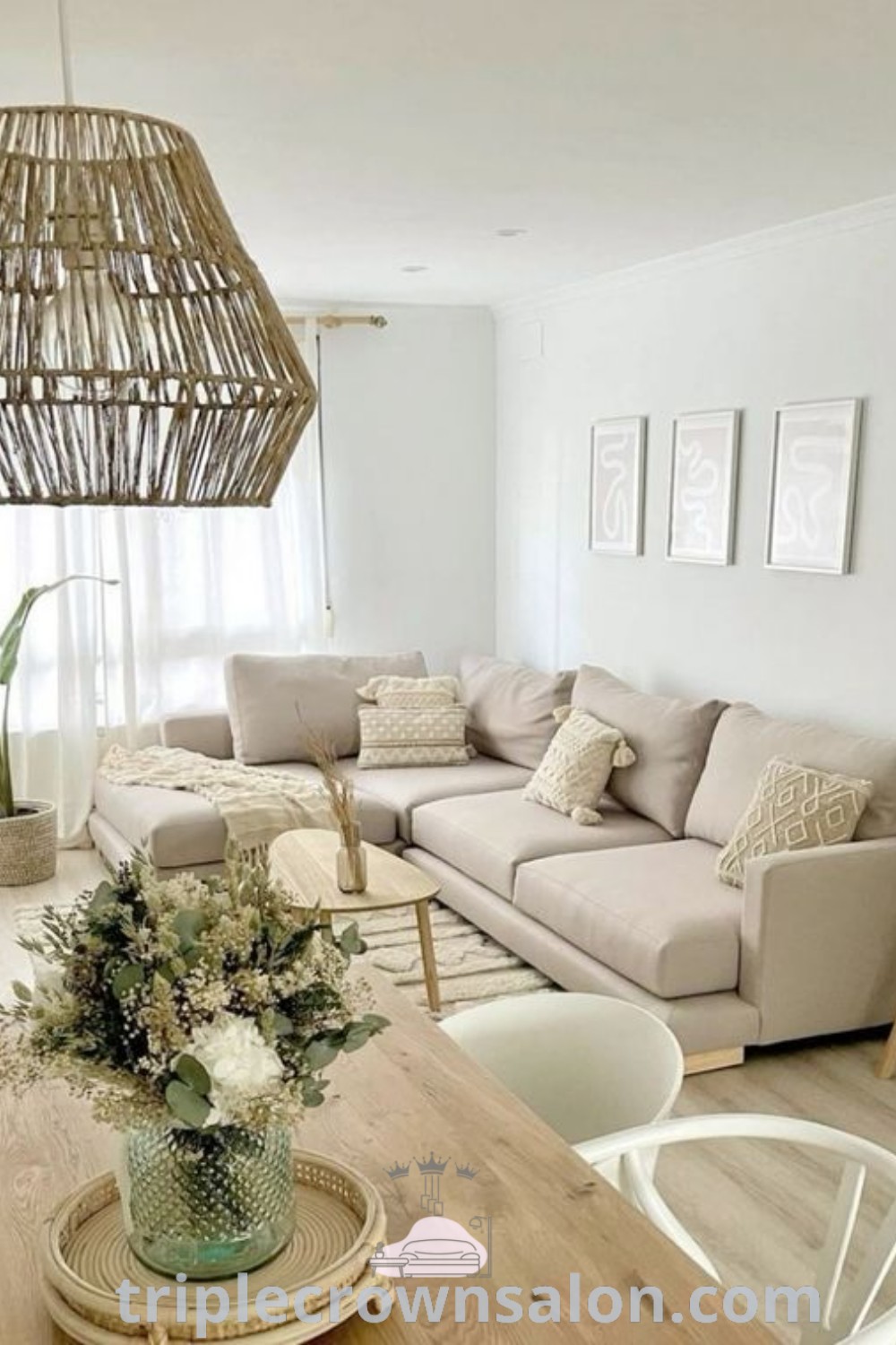 A clean and minimalist living room design featuring beige tones and small living room furniture, enhancing the cozy aesthetic. The decor embodies inspiring ideas for small spaces, merging functionality with style. Discover more decor ideas and inspirations at triplecrownsalon.com.