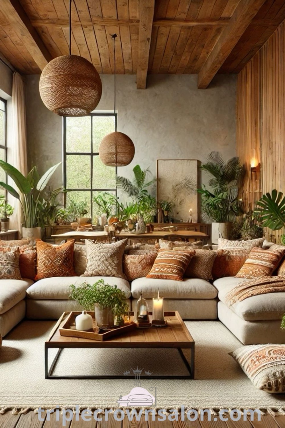 A cozy earth tone boho living room showcasing a beige sectional, earthy throw pillows, wooden accents, and lush greenery that create an inviting and warm aesthetic. Explore design ideas and inspirations for your home at triplecrownsalon.com.