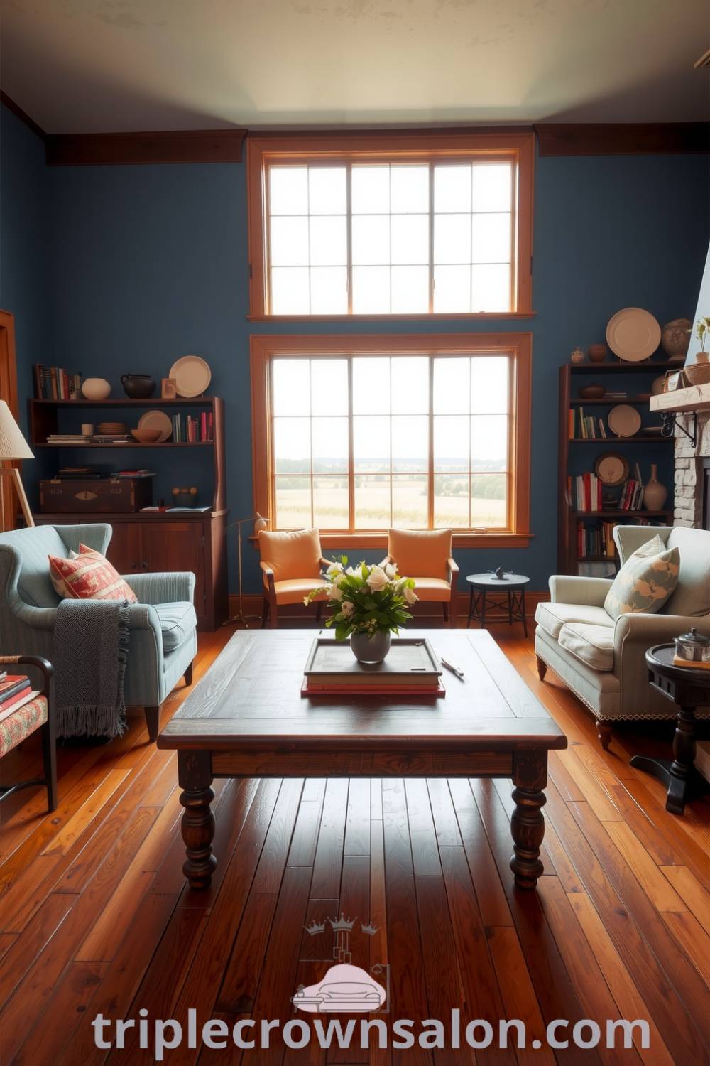 Cozy farmhouse living room featuring weathered walls, polished wooden floors, an oak coffee table, mismatched chairs, shelves with books and pottery, and a view of fields through a window, creating an inviting and warm atmosphere for relaxation. Visit triplecrownsalon.com for cozy home decor ideas.