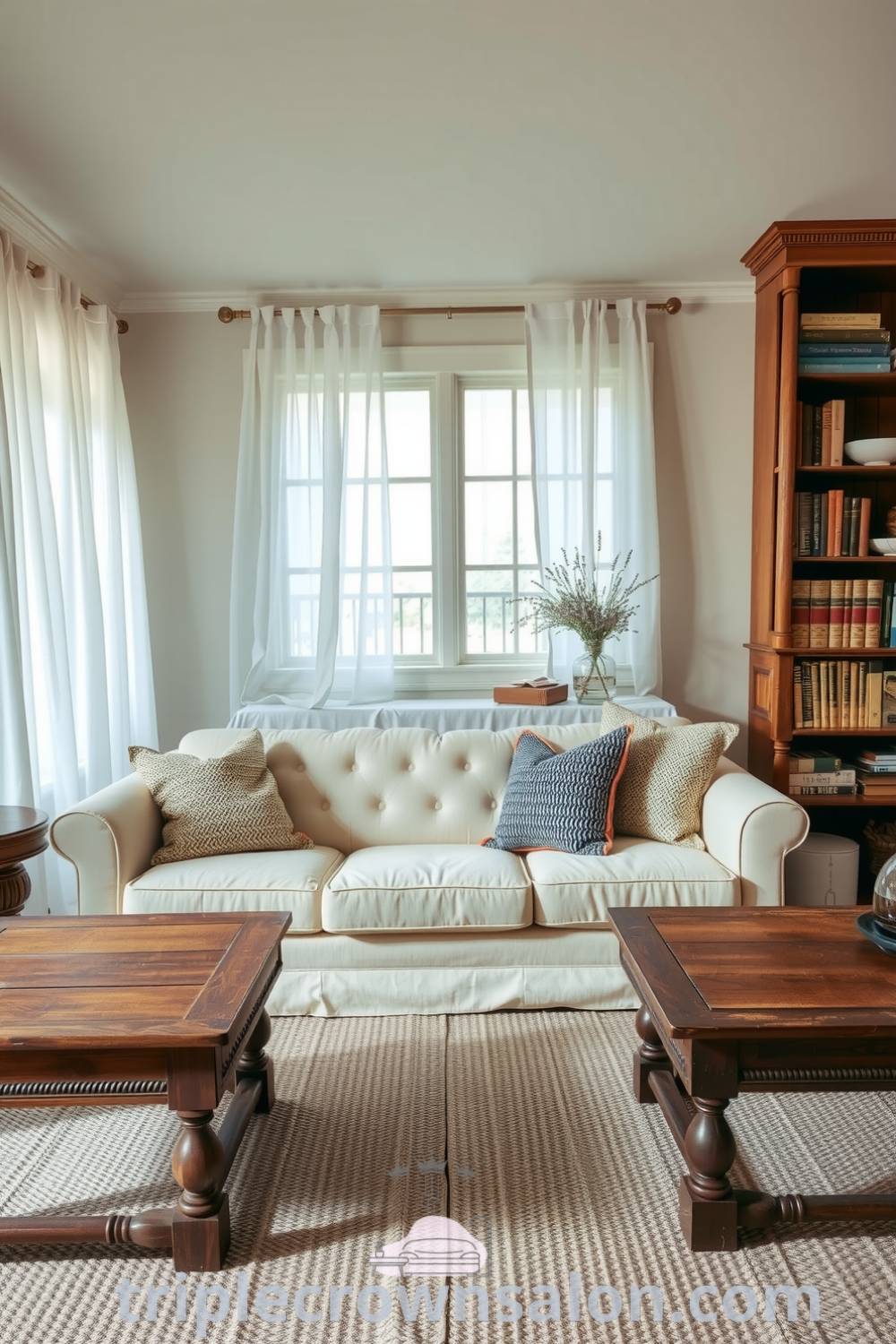 Cozy living room with a plush cream sofa, rustic wooden coffee tables, and a weathered bookcase filled with novels, creating an inviting atmosphere, perfect for relaxation and inspiration for your home at fireplacesandwoodstoves.com.