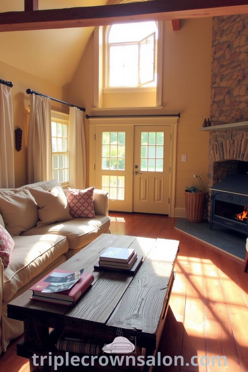 Cozy farmhouse living room with cream-colored curtains, overstuffed sofa adorned with mismatched throw pillows, rustic wooden floor, reclaimed wood coffee table displaying family photos, and a stone hearth with a crackling fire, providing cozy ideas for your home at triplecrownsalon.com.