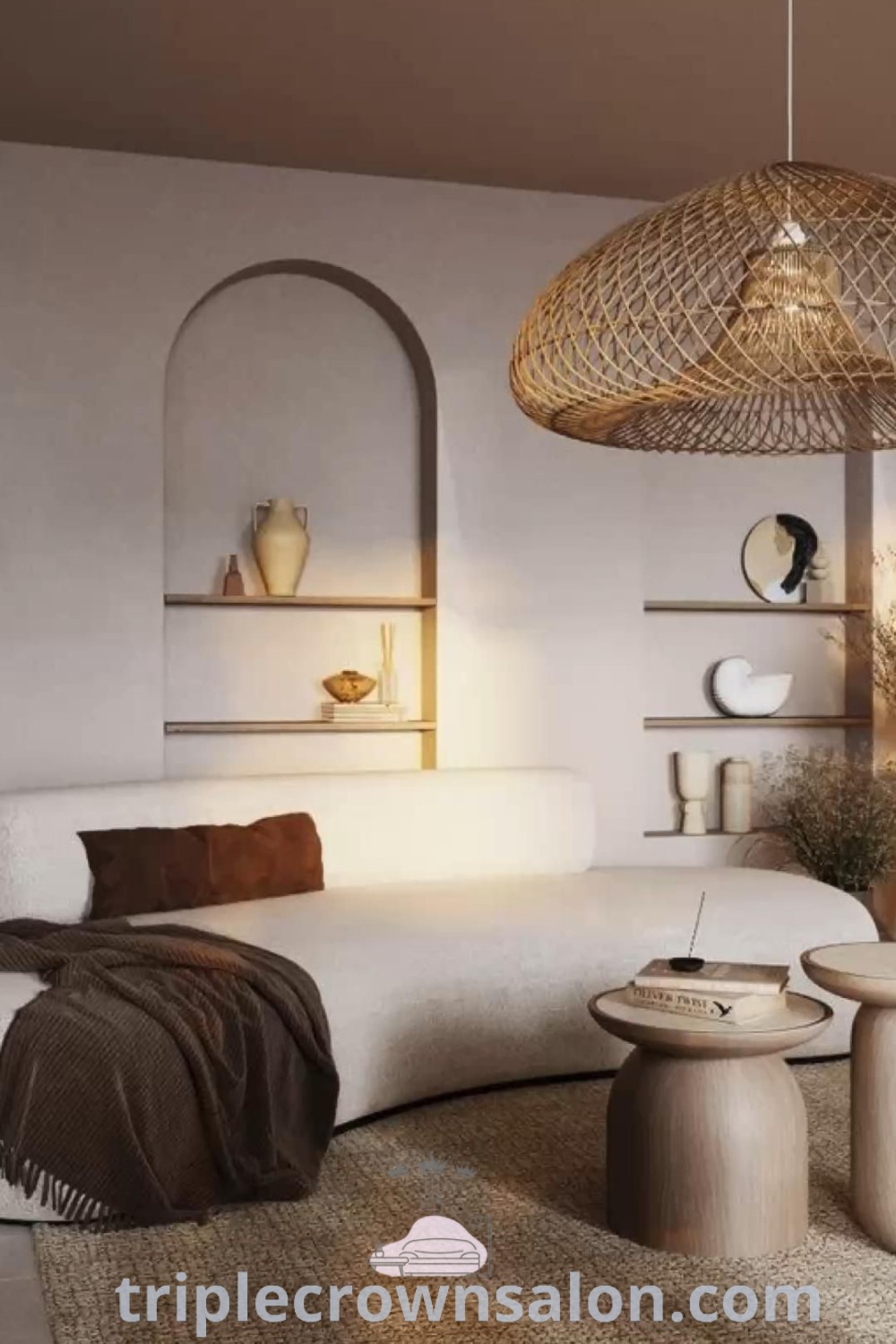 A stylish minimalist living room featuring Sala Aesthetic and Japandi style with warm terracotta decor elements, embodying cozy ideas for your space. Explore more design trends and inspiration at triplecrownsalon.com.