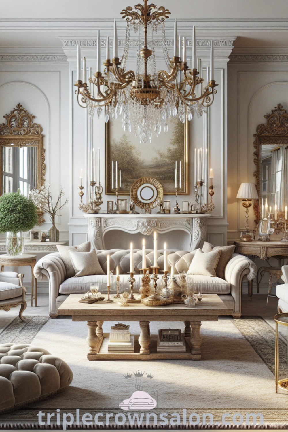 A neoclassical living room showcasing a button-tufted manor-style sofa, rustic reclaimed wood coffee table, and ornate vintage mirrors. The elegant space features classic decor elements like gilded lamps and a vintage chandelier, offering inspiring ideas for your home. Find more decor inspirations at wellnesswink.com.