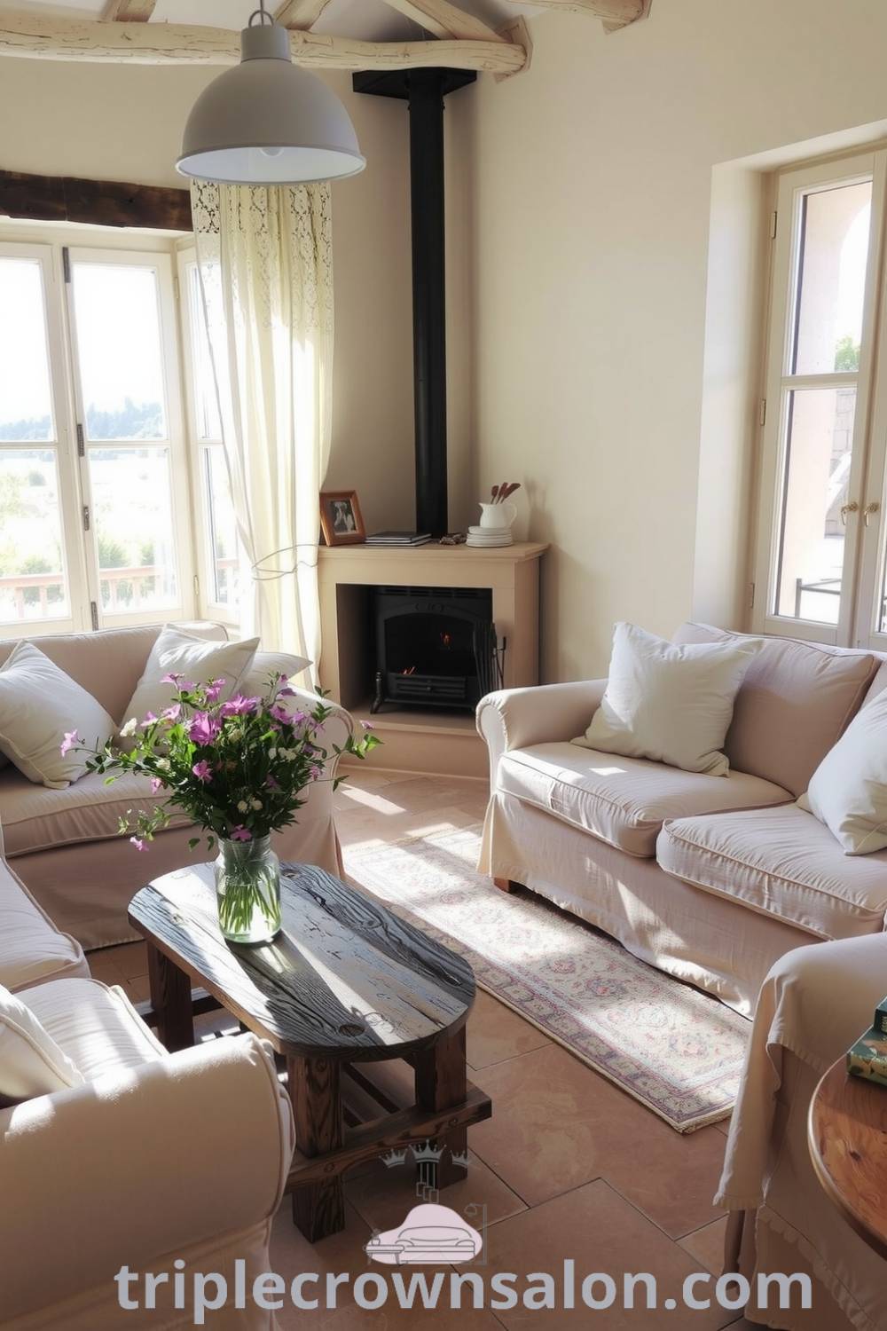 Cozy French living room with muted lavender and cream colors, soft sofas, rustic wooden coffee table holding fresh wildflowers, large windows, delicate lace curtains, and a crackling fireplace, offering inspiring decor ideas for your home at triplecrownsalon.com.