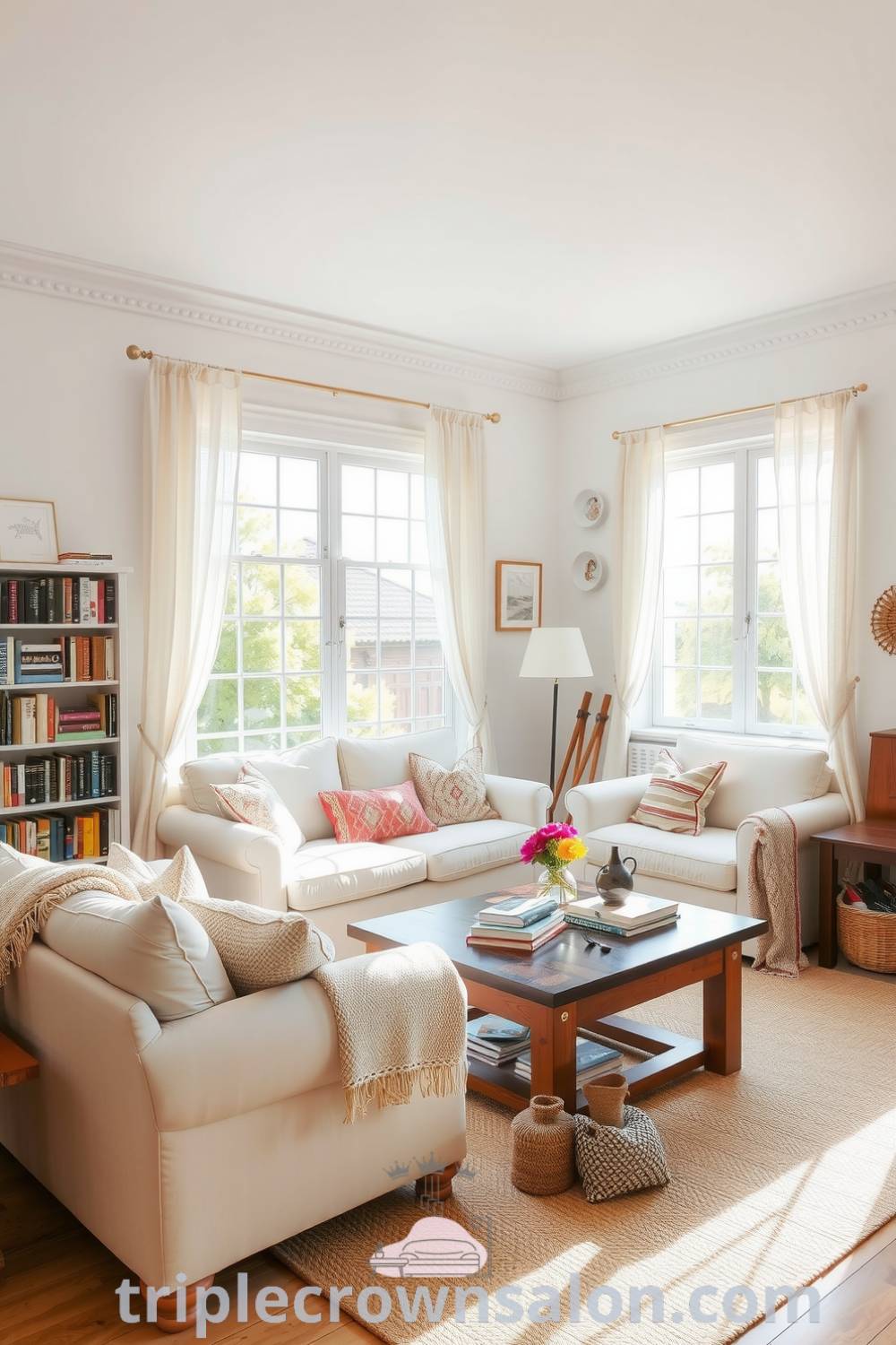 Cozy living room featuring soft white walls, oversized windows, a cream sofa, rustic wooden coffee table, lace curtains, and a woven area rug, offering inspiring decor ideas for a welcoming and lived-in atmosphere. Visit fireplacesandwoodstoves.com for more unique ideas.