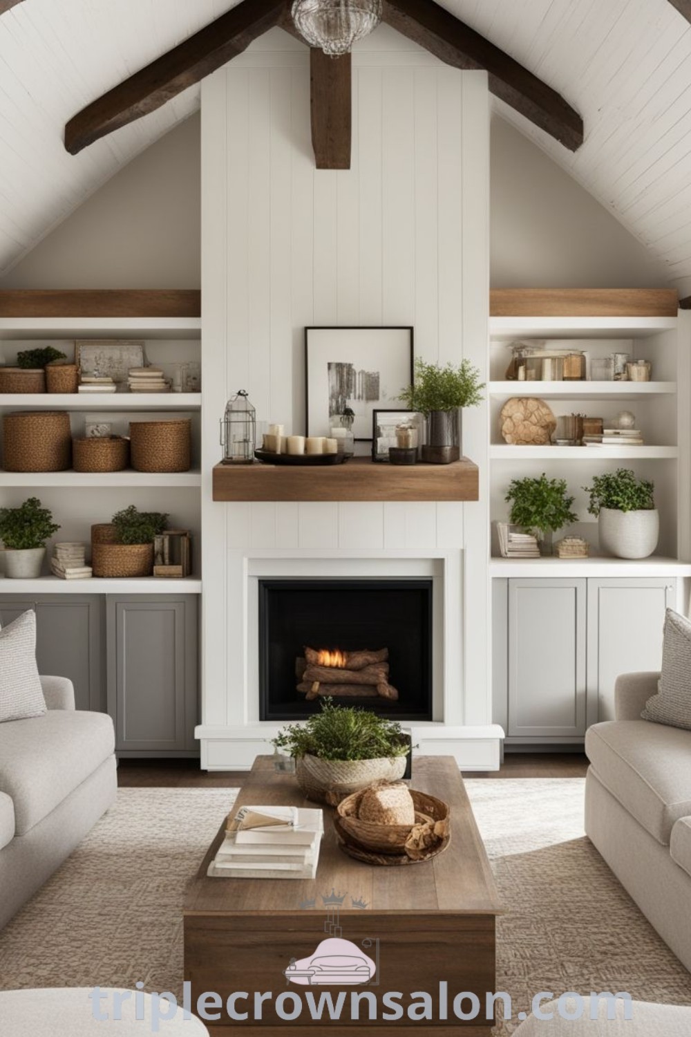 A cozy living room showcasing two couches and a central fireplace, enhancing the modern farmhouse appeal with built-in bookshelves. This decor idea combines functionality and aesthetics, making it perfect for family comfort. Explore more unique ideas for your home at triplecrownsalon.com.