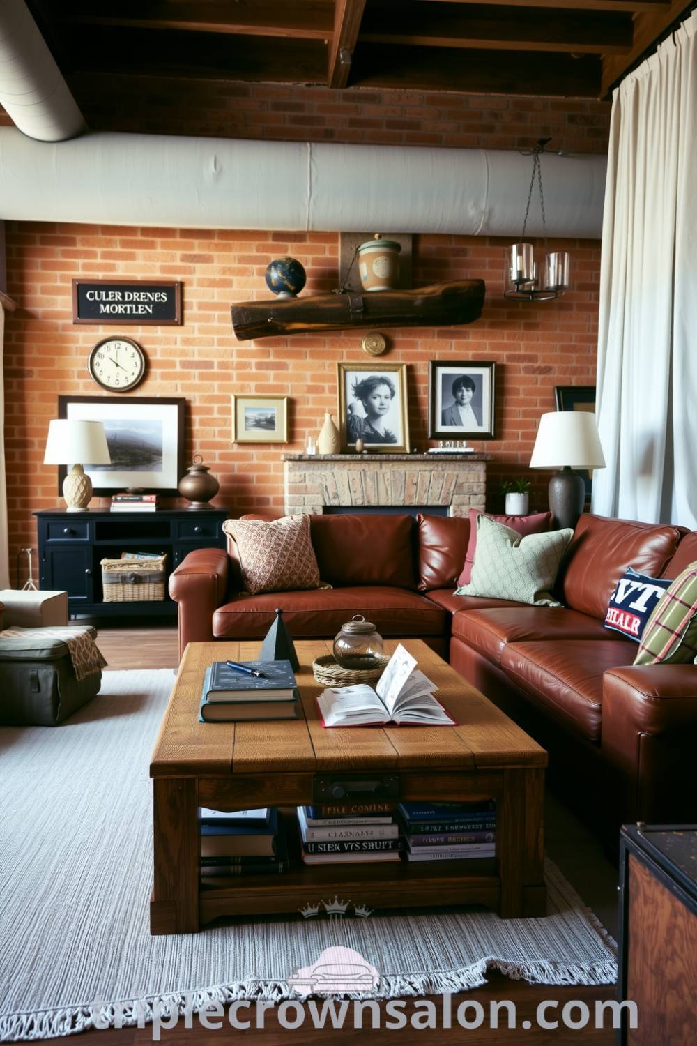 Brown rustic living room showcasing warm earthy tones, rough-hewn wooden furnishings, exposed brick walls, an oversized leather sofa, and a weathered coffee table with books and family photos, creating a cozy atmosphere ideal for relaxation. For more cozy home ideas, visit triplecrownsalon.com.