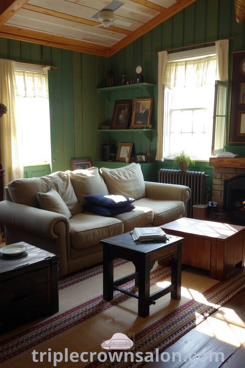 Rustic living room with green-hued walls, a cozy oversized sofa, and handwoven rug, featuring a crackling fireplace and natural light filtering through lace curtains, showcasing inspiring decor ideas for a comfortable home atmosphere at fireplacesandwoodstoves.com.