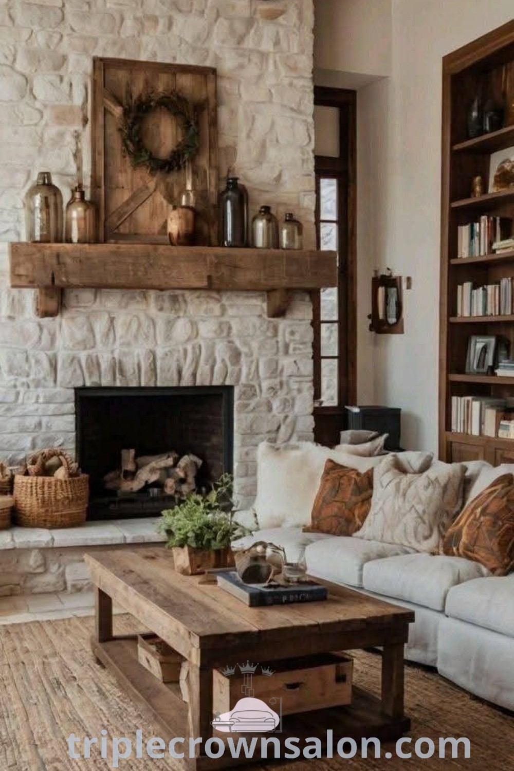 A cozy Italian style living room featuring a comfortable couch, coffee table, and bookcases in front of a fireplace, showcasing modern rustic living room ideas and Tuscan decor inspirations. Explore unique decor ideas for your home at triplecrownsalon.com.
