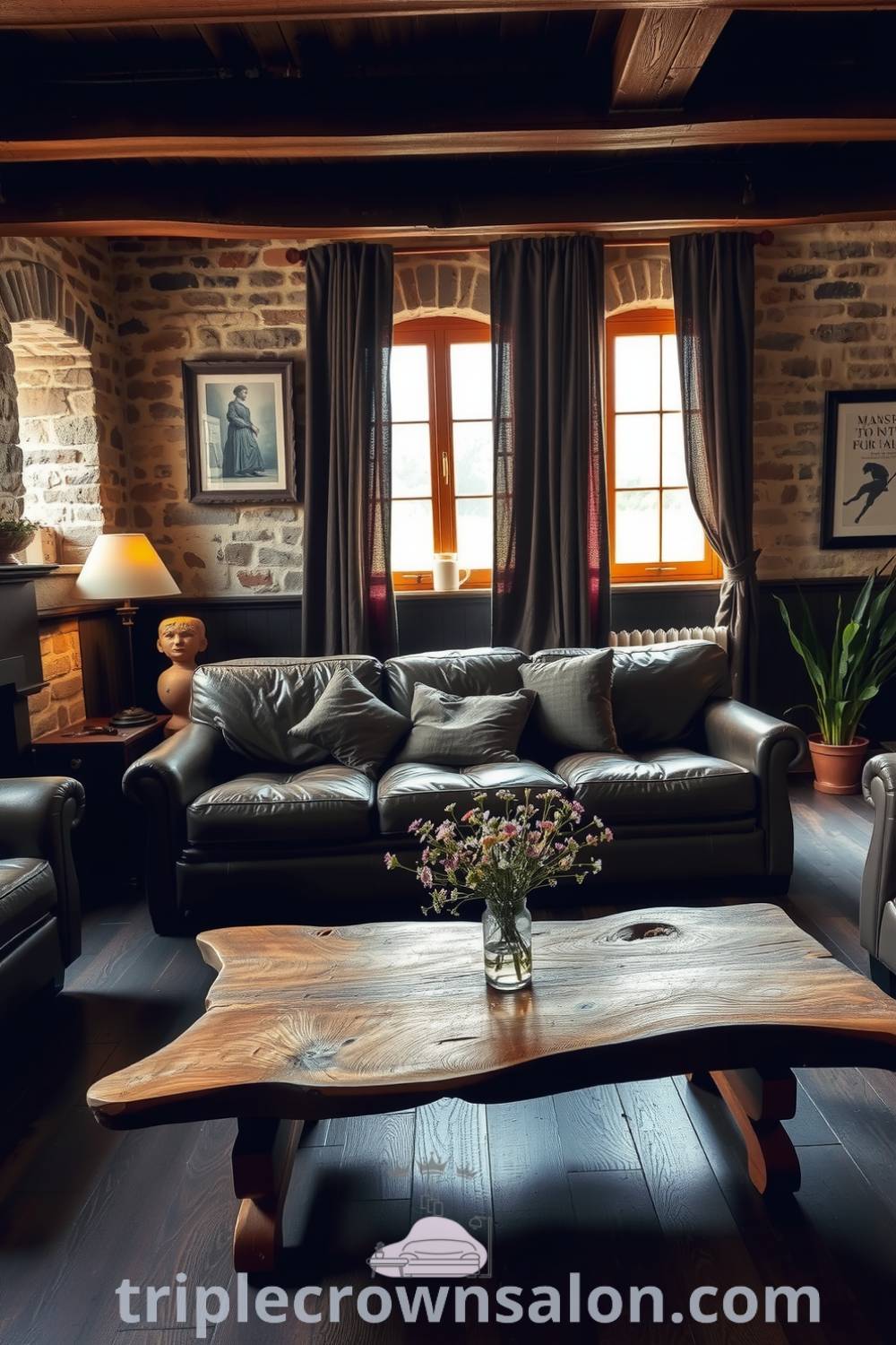 Cozy rustic living room featuring deep wooden beams, weathered stone walls, a leather sofa, and a reclaimed wood coffee table with wildflowers, offering warm decor ideas and inspiration for creating a cozy home on fireplacesandwoodstoves.com.