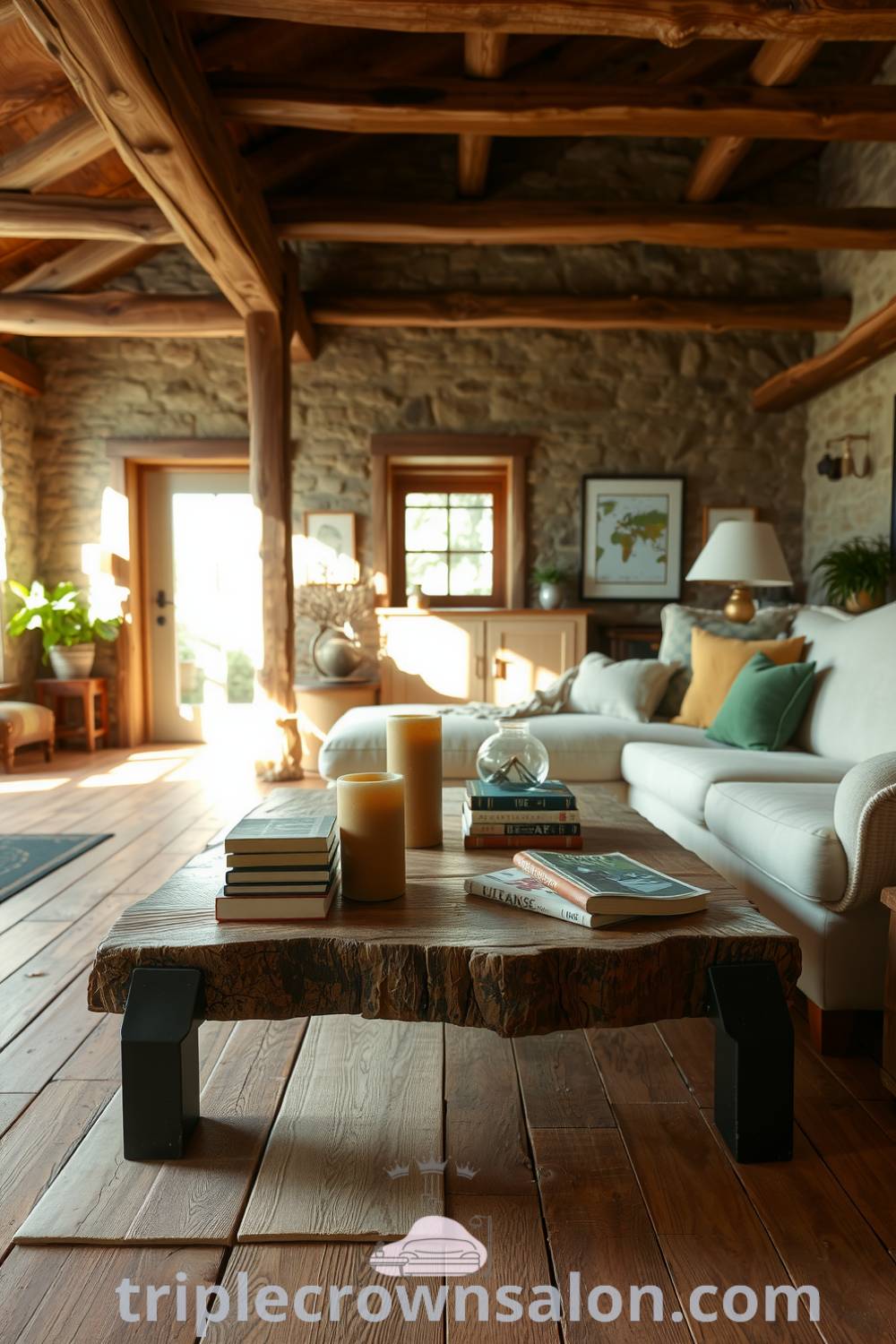 Cozy rustic living room featuring weathered wooden floors, exposed stone walls, green accents, a plush sofa, and a reclaimed wood coffee table, offering inspiring decor ideas for a warm and inviting home, seen at fireplacesandwoodstoves.com.