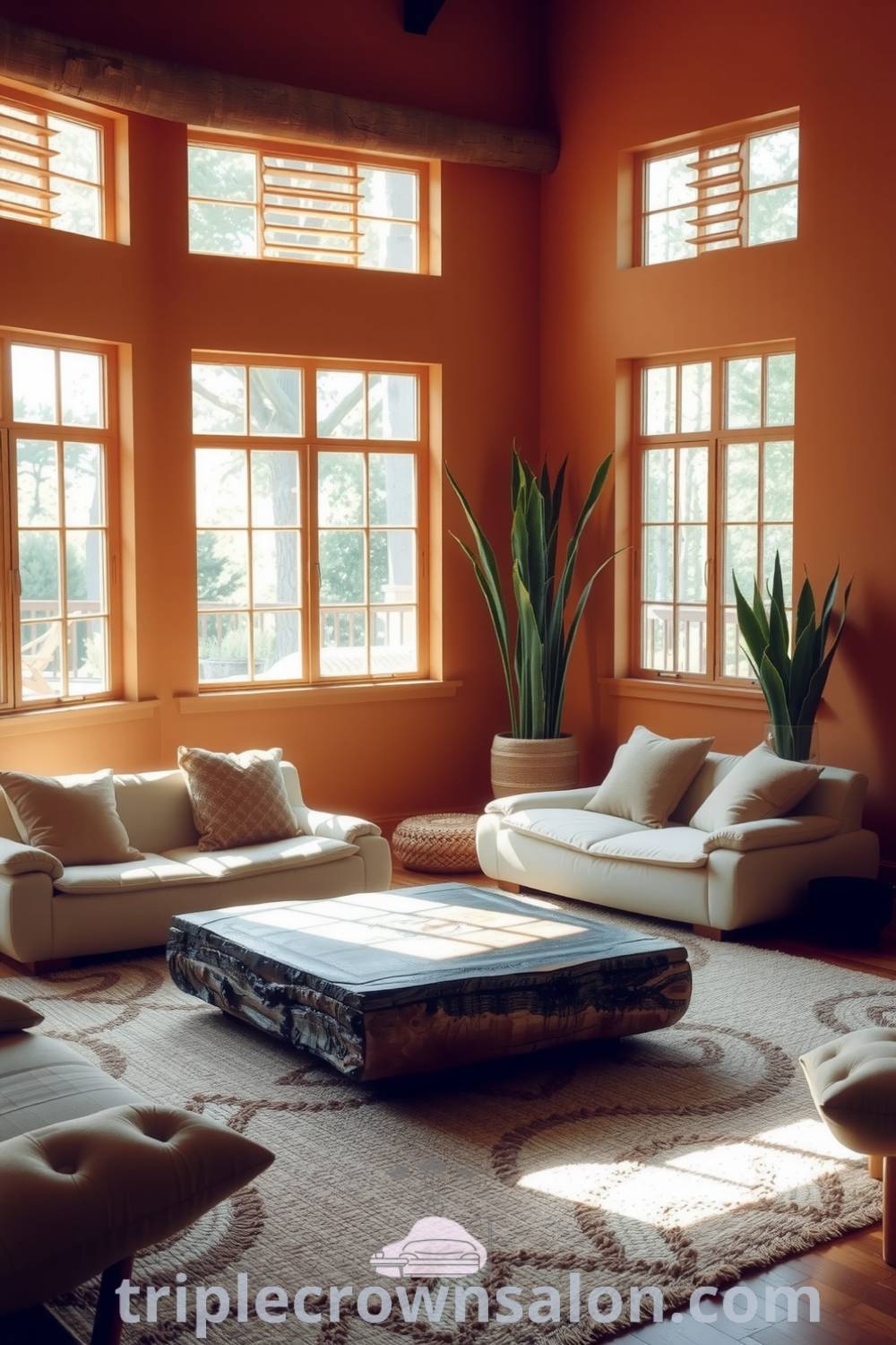 Japandi living room with soft orange tones, handcrafted wooden coffee table, neutral cushions, tall plants, and sunlight filtering through windows, creating a cozy and serene atmosphere. Visit triplecrownsalon.com for inspiring decor ideas.