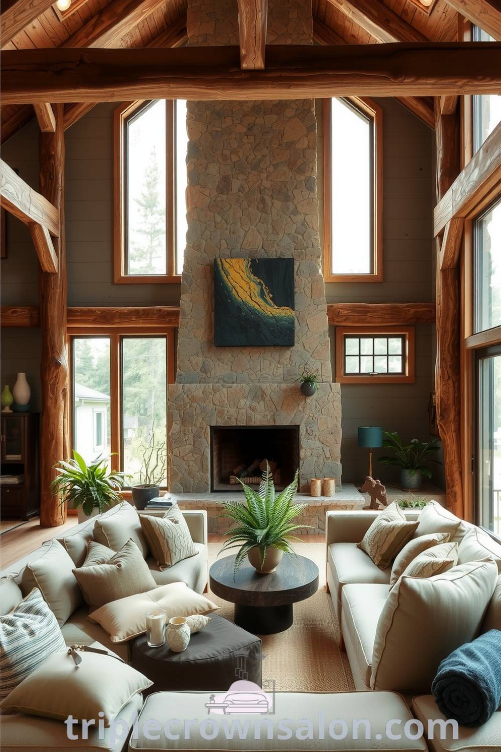 Cozy nature-inspired living room with weathered wooden beams, a stone fireplace adorned with moss, plush organic fabrics, and potted ferns, creating a serene and inviting atmosphere. Visit triplecrownsalon.com for unique decor ideas for your home.