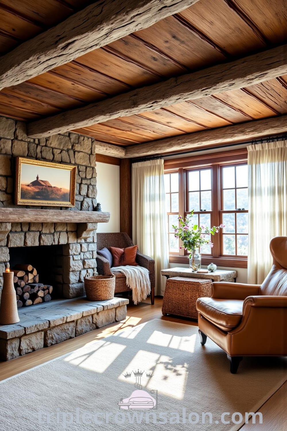 A rustic living room with weathered wooden beams, a cozy stone fireplace, and a leather armchair, enhanced by a handmade wool rug and sheer linen curtains, offering cozy ideas for home decor inspirations at fireplacesandwoodstoves.com.