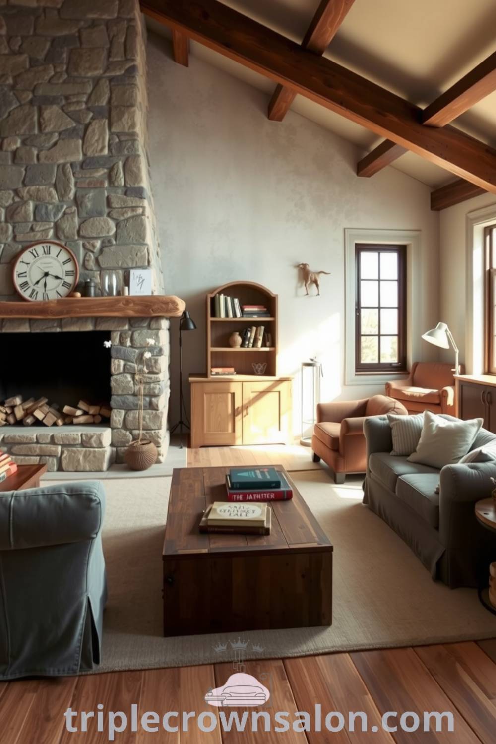 Rustic living room featuring grey tones, wooden beams, a stone fireplace, plush furnishings, and a reclaimed wood coffee table, showcasing cozy design ideas and inspirations for a comfortable home environment. Visit triplecrownsalon.com for more inspiring decor ideas.
