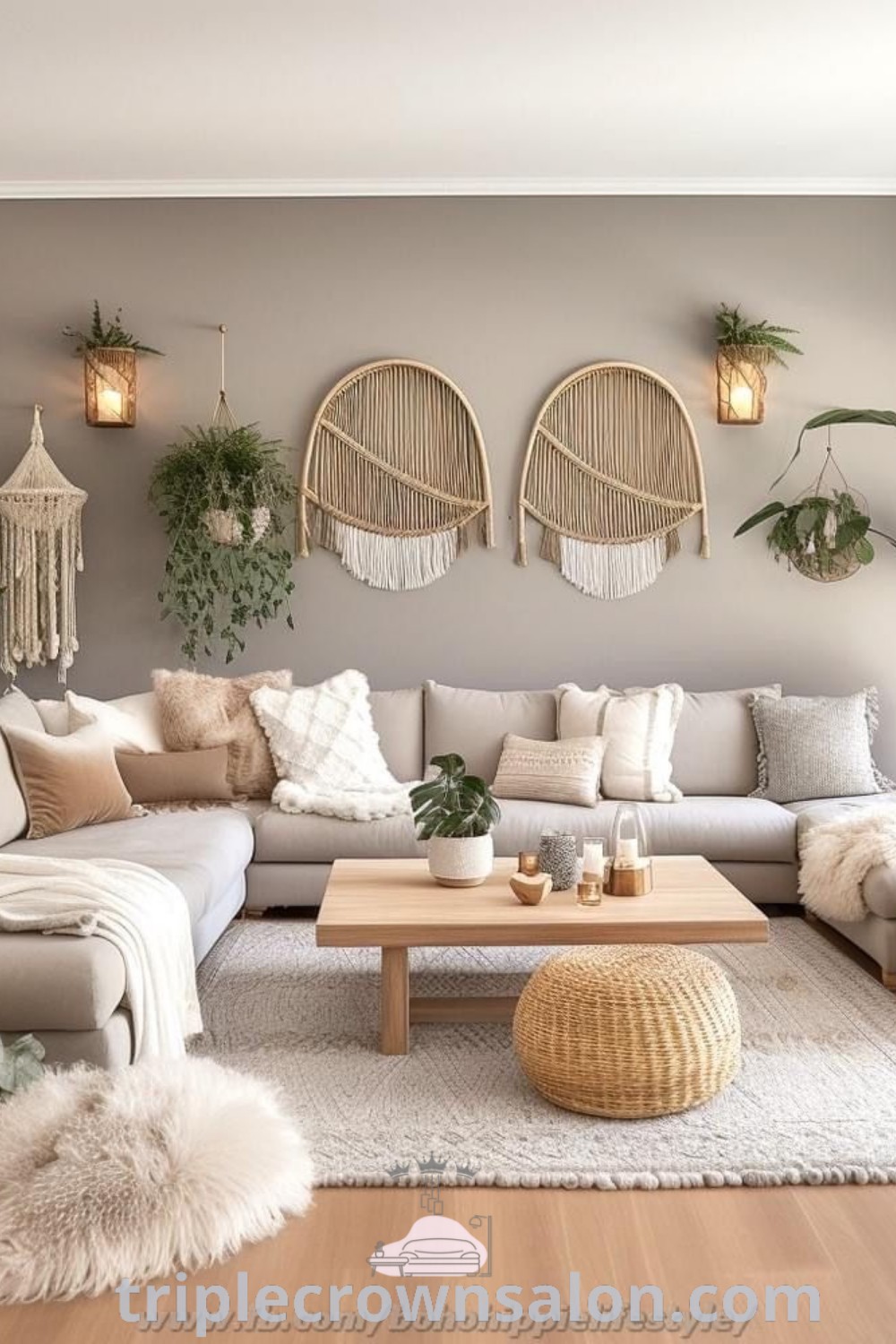 A cozy bohemian living room with a grey couch, vibrant cushions, and lush plants, creating a warm and inviting space. This decor provides unique ideas for small spaces and inspirations for personalizing your home. Explore more home design ideas at triplecrownsalon.com.