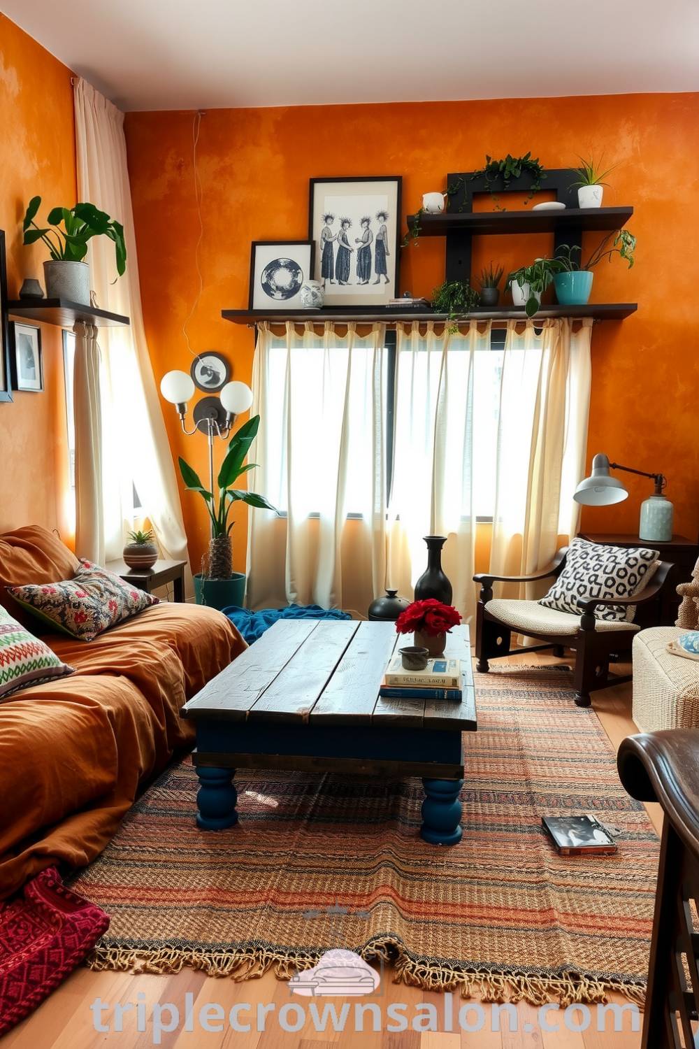 Cozy boho living room with warm orange tones, oversized cushions, textured walls adorned with eclectic art, and lush plants, featuring a repurposed wooden coffee table and mismatched furniture, providing inspiring decor ideas for your cozy home at fireplacesandwoodstoves.com.