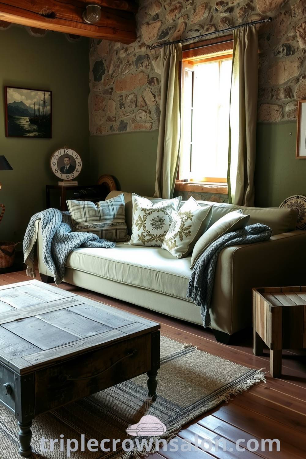 Cozy rustic living room featuring a warm green palette, stone walls, an oversized couch with knitted throws, and a reclaimed wood coffee table, creating inviting decor ideas and inspirations for a cozy home at fireplacesandwoodstoves.com.