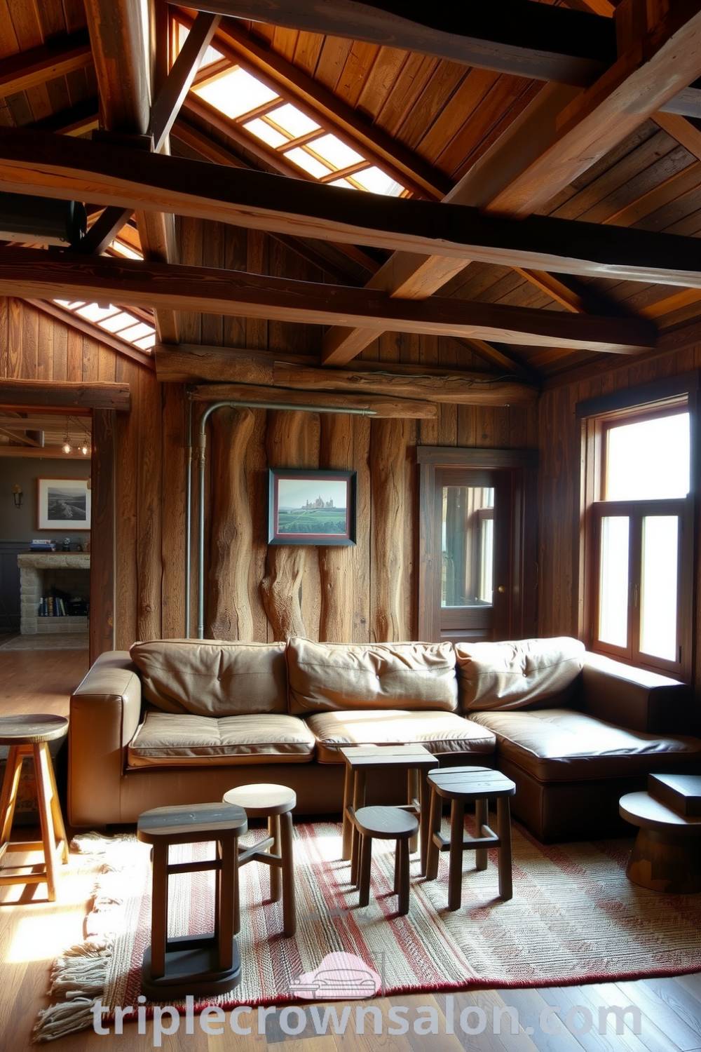 Rustic living room with wooden beams, a weathered leather sofa, handwoven rug, and eclectic wooden tables, creating a cozy atmosphere perfect for relaxation. Ideas for your home can be found at triplecrownsalon.com.