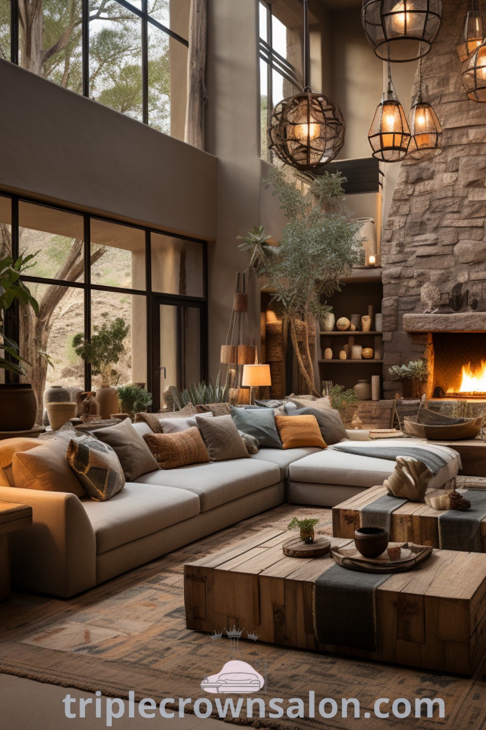 A cozy Scandinavian living room filled with rustic furniture, a central fireplace, and warm decor inspirations that enhance family-friendly layouts and lodge style. Explore unique ideas and design tips at triplecrownsalon.com.