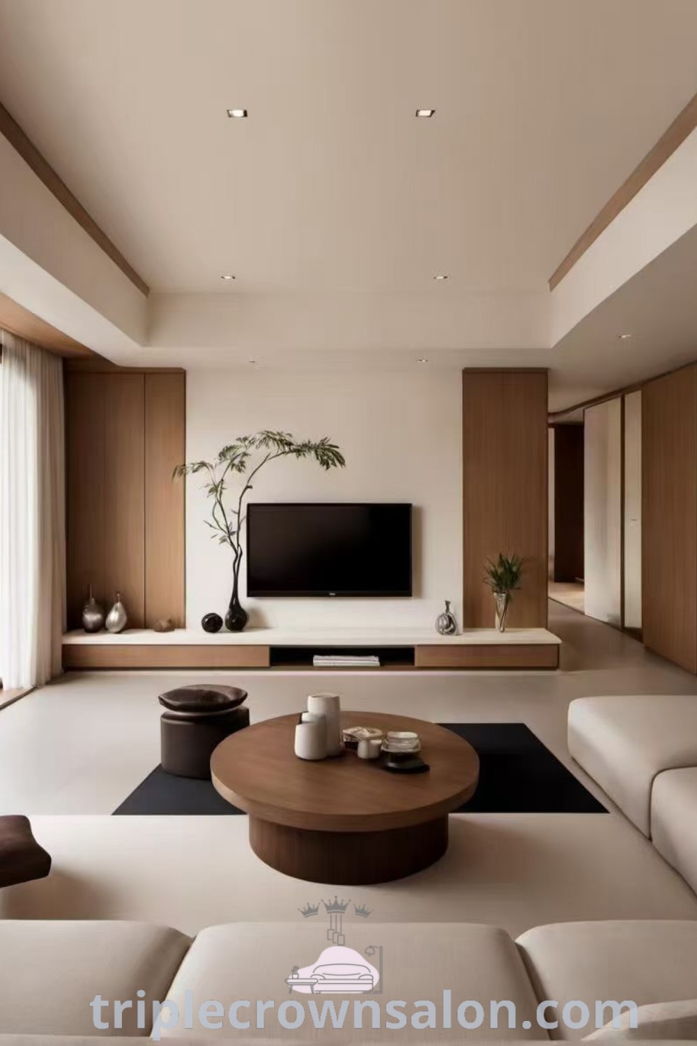 A cozy living room with a wooden panel TV wall, embodying a seamless Japandi style that highlights timeless design and functional decor ideas. Perfect for decorating small spaces, this aesthetic invites tranquility into your home. Discover more inspiring ideas at triplecrownsalon.com.