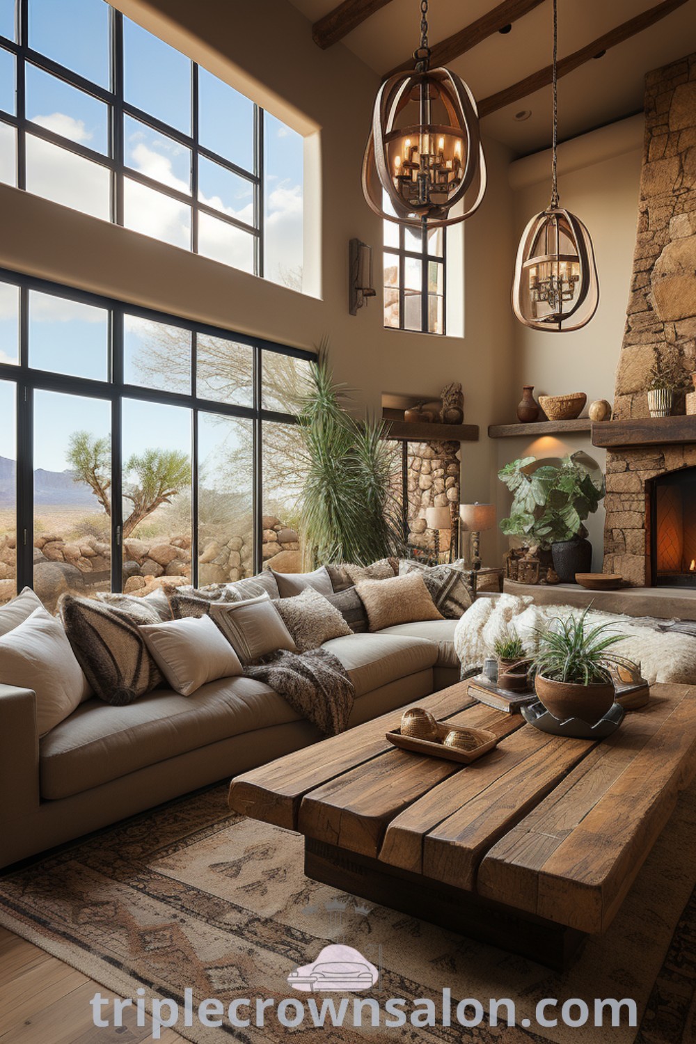A charming rustic living room featuring cozy furniture and a large stone fireplace in front of a window with a view. This design combines Mediterranean style with Scandinavian aesthetics, offering decor ideas for small spaces. For inspiring tips and unique ideas for your home, visit triplecrownsalon.com.
