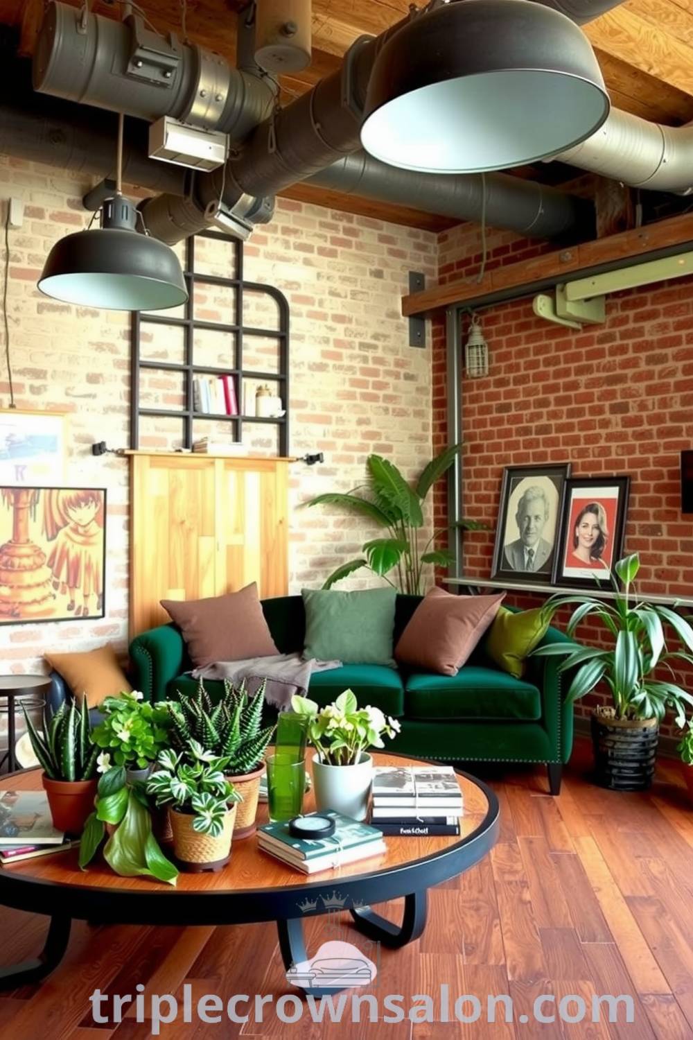 Industrial living room featuring a deep green velvet sofa, exposed brick walls, reclaimed wood coffee table with potted plants, large metal light fixtures, and a cozy aesthetic that inspires decor ideas for small spaces at triplecrownsalon.com.