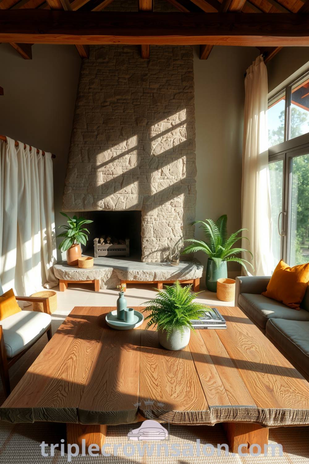 Nature-inspired living room featuring earthy tones, a reclaimed wooden coffee table, soft linen curtains, natural stone fireplace, and potted ferns and succulents, embodying cozy home decor ideas for a serene atmosphere. Visit triplecrownsalon.com for inspiring design ideas.
