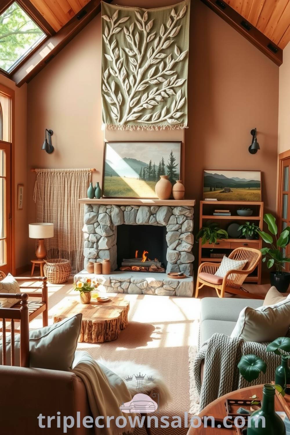 Cozy nature-inspired living room featuring earthy tones, handwoven tapestries, a chunky stone fireplace, sustainable furniture, and potted greenery, creating an inviting atmosphere that showcases unique decor ideas for your home, as seen on triplecrownsalon.com.