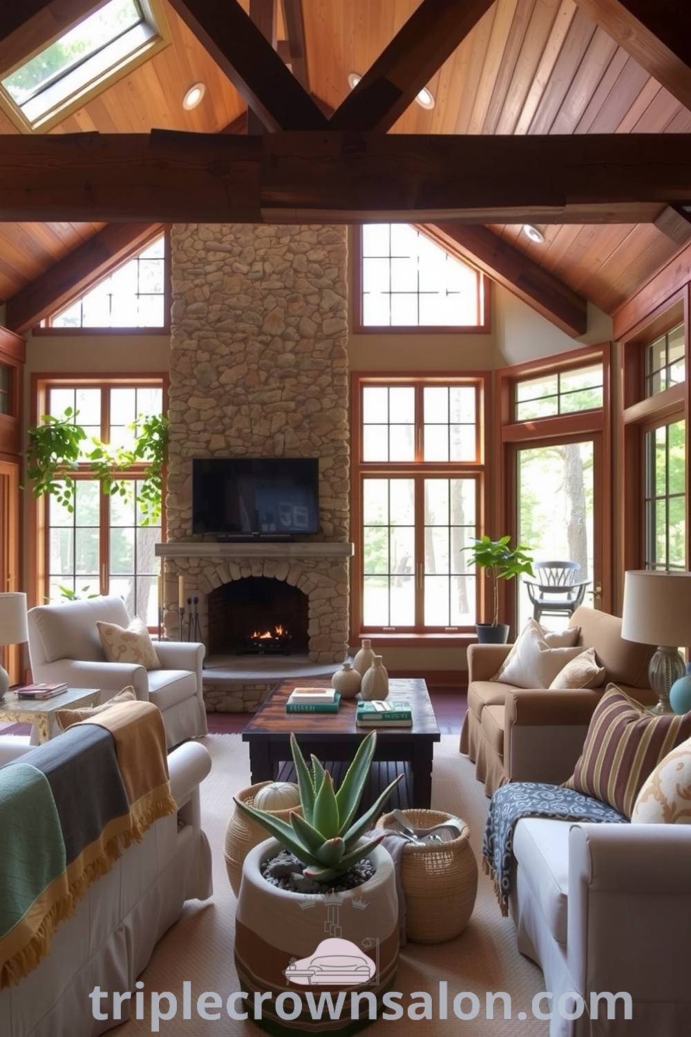 Cozy living room featuring earthy tones, rustic exposed wooden beams, a stone fireplace, natural fiber furnishings, large windows with greenery, and lively decor elements like succulents and woven baskets, showcasing decor ideas for creating a cozy and inviting home at triplecrownsalon.com.