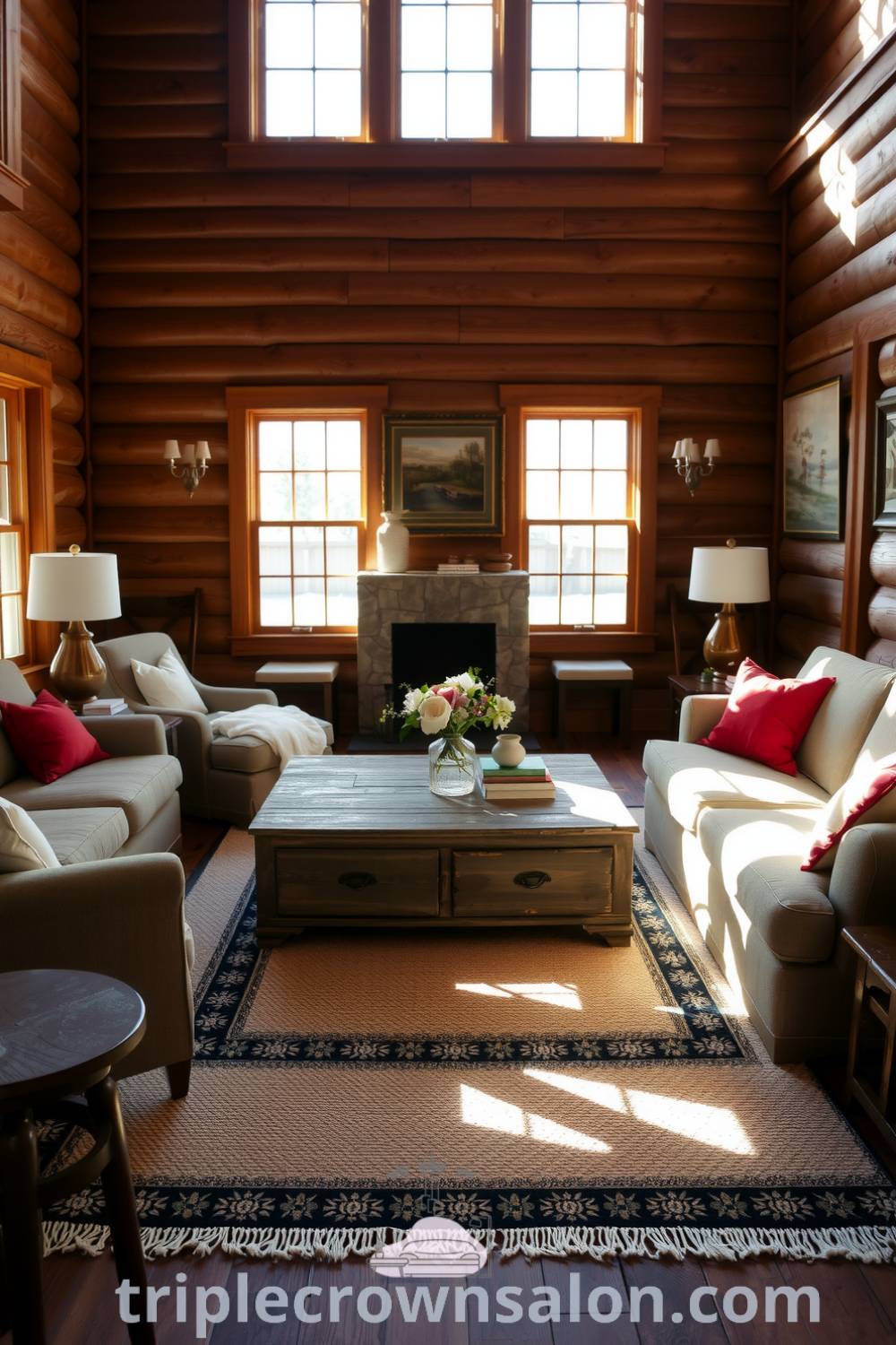 Cozy farmhouse living room with brown wooden walls, rustic furniture, a weathered coffee table, overstuffed couches, sunlight streaming through paned windows, and a cozy area rug, providing warm decor ideas for your home at triplecrownsalon.com.