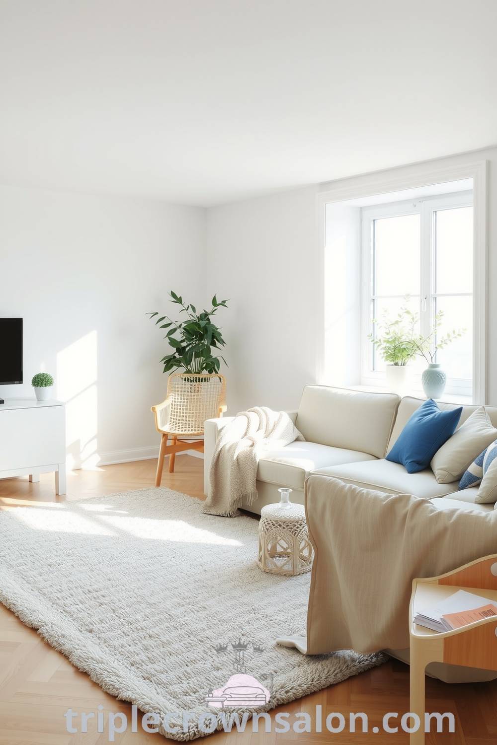 Scandinavian living room featuring soft blue accents, natural wood furniture, a large window with sunlight, textured walls, a neutral-toned rug, cozy throws on a minimalist sofa, and potted greenery, representing cozy design ideas for home at triplecrownsalon.com.