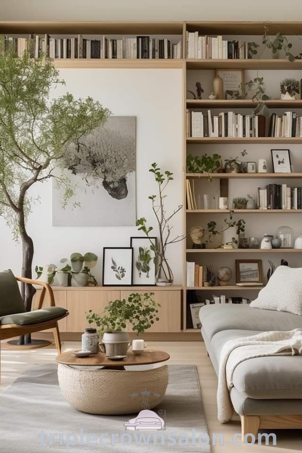 A cozy living room featuring furniture, bookshelves, and a tree in the corner, creating an inviting atmosphere. Discover unique design ideas and decor inspirations for your home at triplecrownsalon.com.