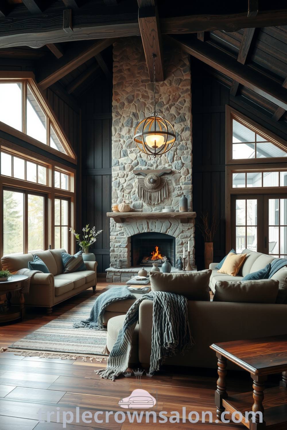 Rustic living room with weathered black wooden beams and a stone fireplace, featuring oversized sofas, knitted throws, and large windows that frame tranquil nature views, showcasing cozy ideas and decor inspirations for your home, found at fireplacesandwoodstoves.com.