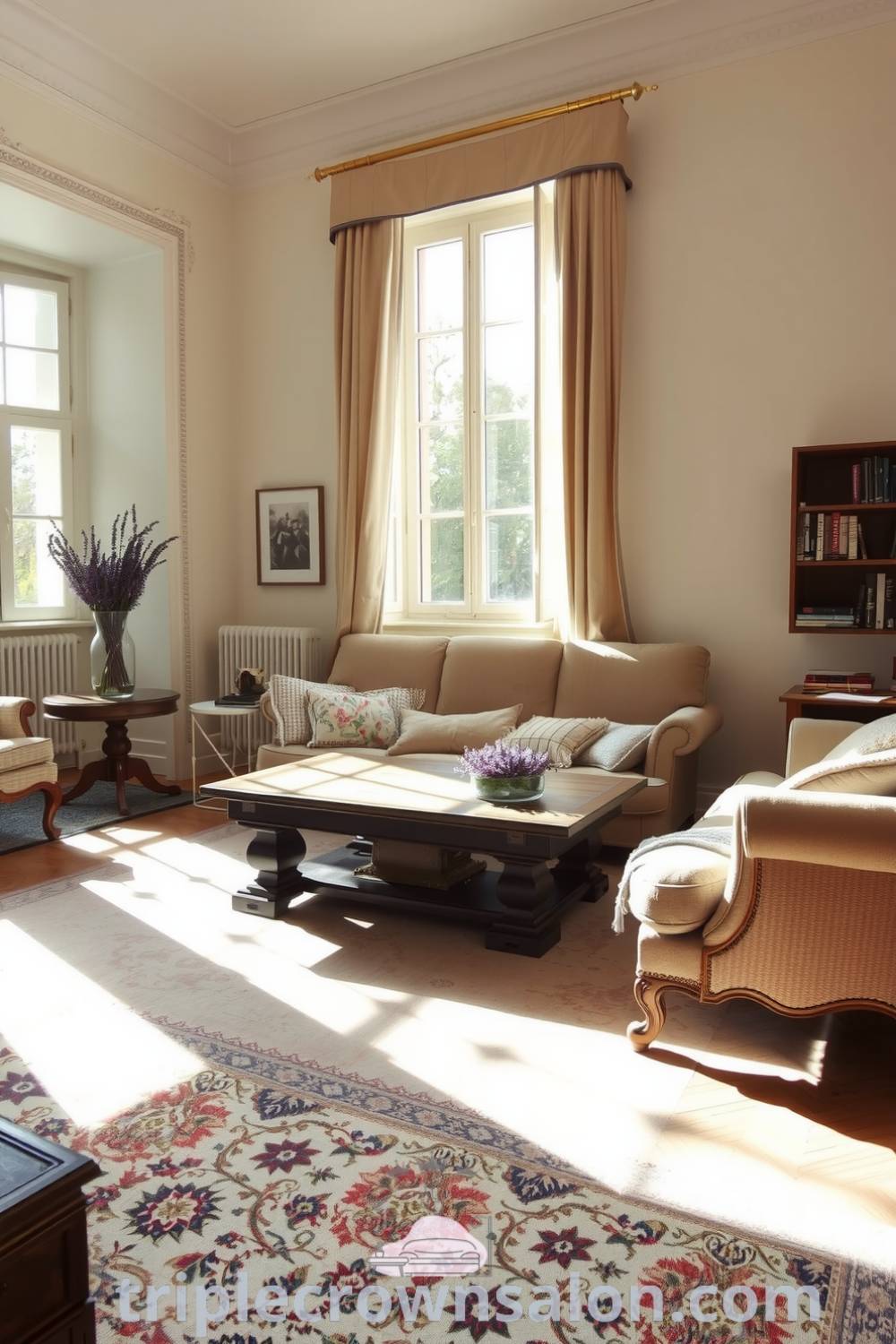 Cozy French living room with cream walls, aged wooden coffee table on a faded oriental rug, floral sofas, and sunlight streaming through tall windows, creating a warm and inviting atmosphere for relaxed living, featured on triplecrownsalon.com.