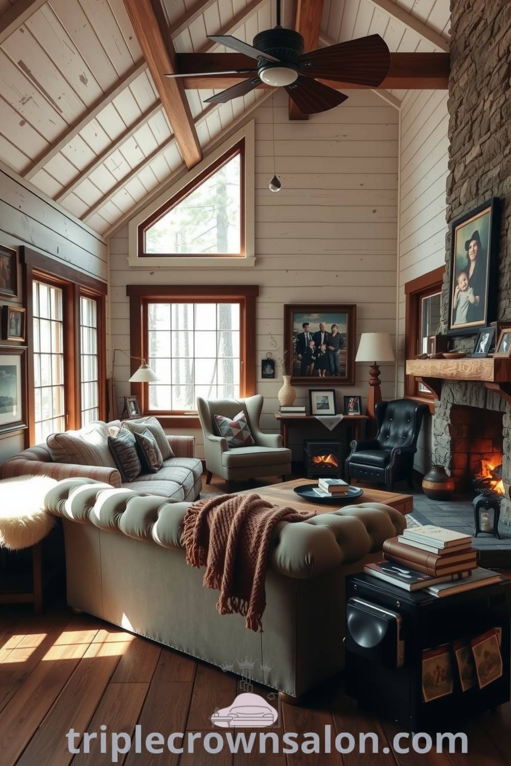 Cozy cabin living room with whitewashed wooden walls, family photographs, an overstuffed tufted sofa, a crackling stone fireplace, and large windows framing towering pines, providing a warm and inviting atmosphere, perfect for inspiration in cozy home decor ideas from fireplacesandwoodstoves.com.