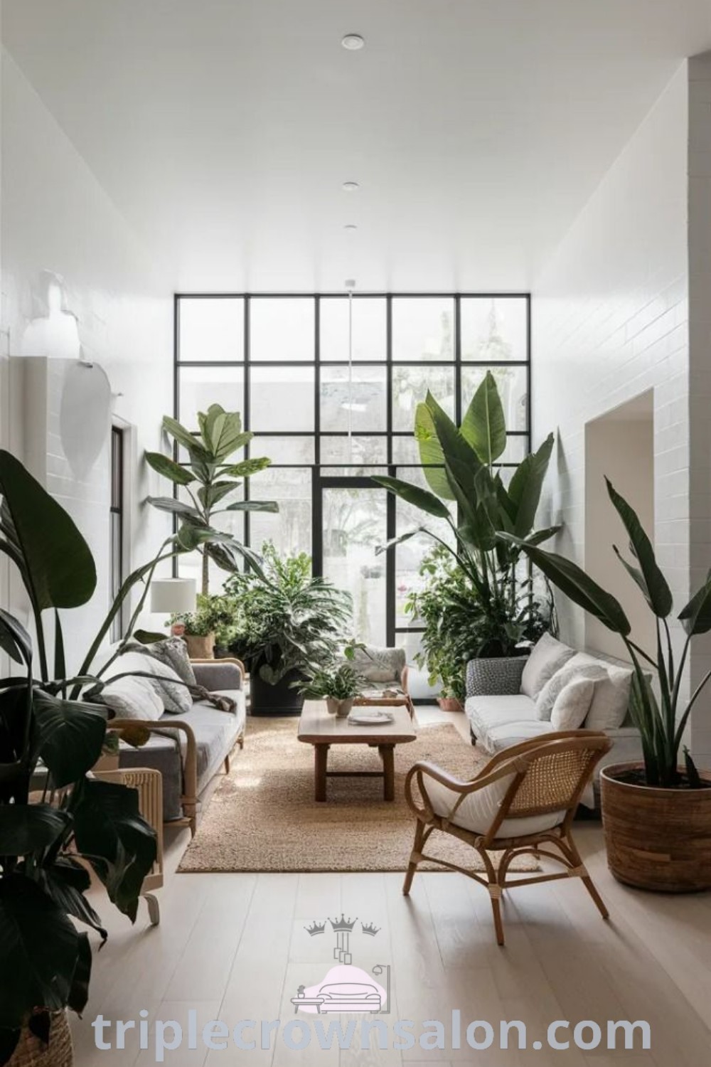 A biophilic living room showcasing abundant plants and stylish furniture, illustrating the beauty of biophilic design in cozy home decor. This space inspires unique ideas for your home, promoting well-being through nature-inspired aesthetics. Explore more decor inspirations at triplecrownsalon.com.
