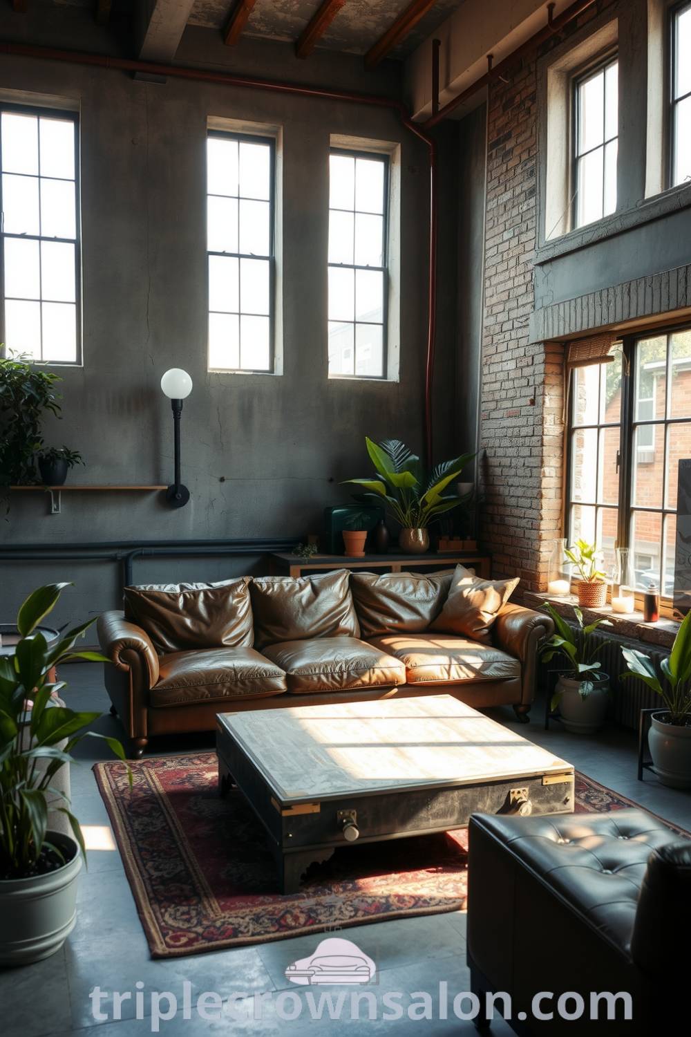 Cozy industrial living room with grey concrete walls, a leather sofa, metal accents, large windows, exposed brick, and potted plants, showcasing unique decor ideas and design inspirations for your home at triplecrownsalon.com.