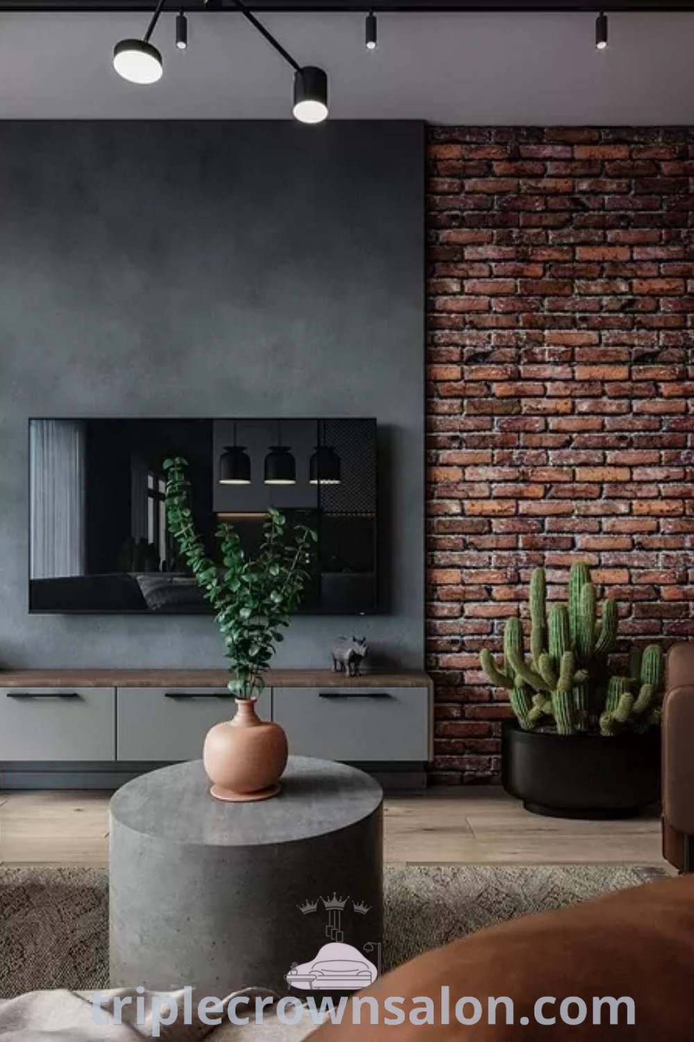 A cozy living room showcasing brick walls and well-arranged furniture, creating an inviting ambiance. This design highlights inspiring decor ideas for your home, perfect for small spaces and unique aesthetics. Explore more design tips at triplecrownsalon.com.