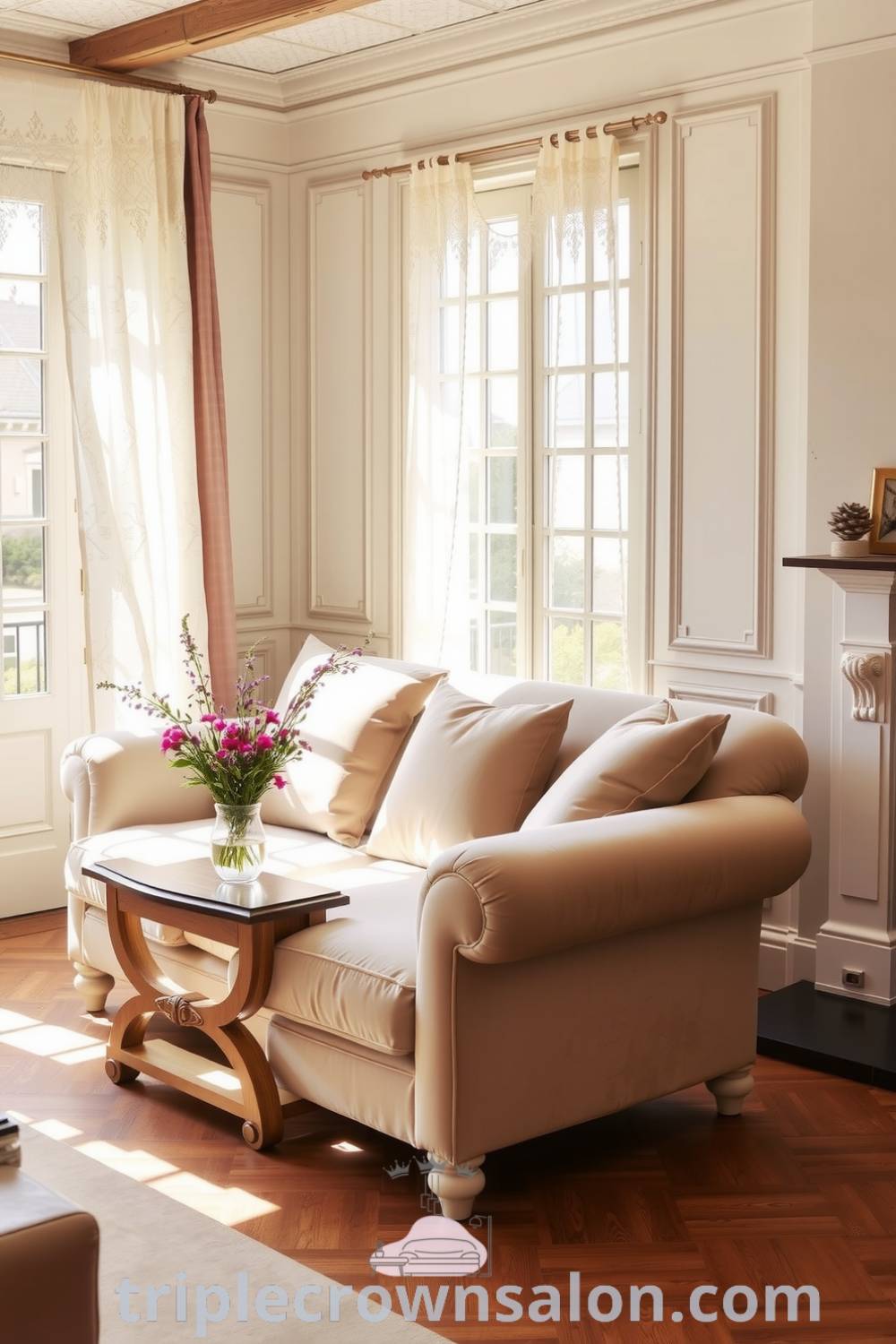 Cozy French living room with soft ivory walls, aged oak furniture, plump velvet cushions, lace curtains, fresh wildflowers, and a crackling fireplace, creating a warm and inviting atmosphere for relaxation and inspiration at triplecrownsalon.com.