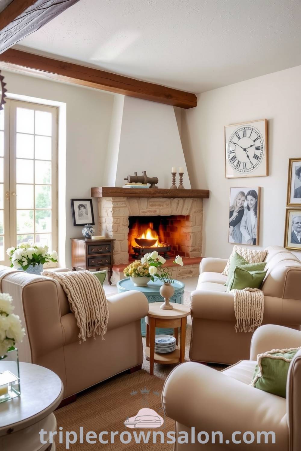 Rustic French living room featuring cream and light blue hues, weathered wooden furniture, a stone fireplace, plush sofas with knitted throws, and a garden view through a large window, providing cozy ideas and design inspirations for creating a warm and inviting home at triplecrownsalon.com.