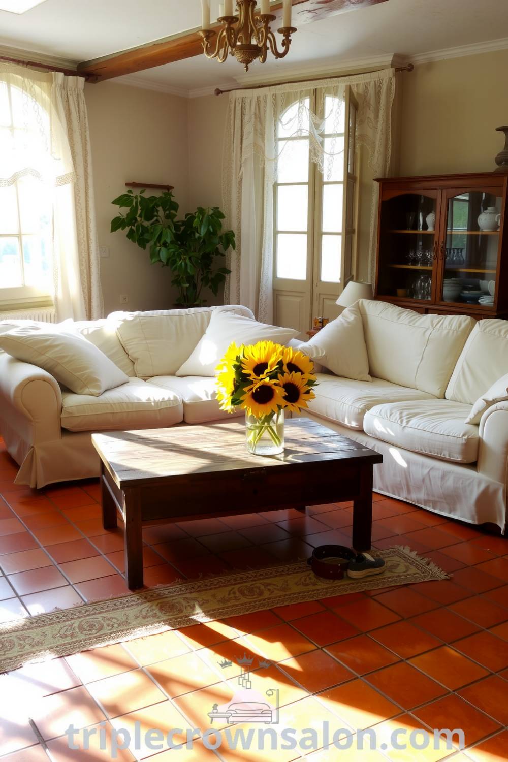 Cozy French living room with terracotta tiles, overstuffed sofas, rustic wooden coffee table, and sunflowers, featuring warm and inviting decor ideas perfect for cozy aesthetics. Website: triplecrownsalon.com.