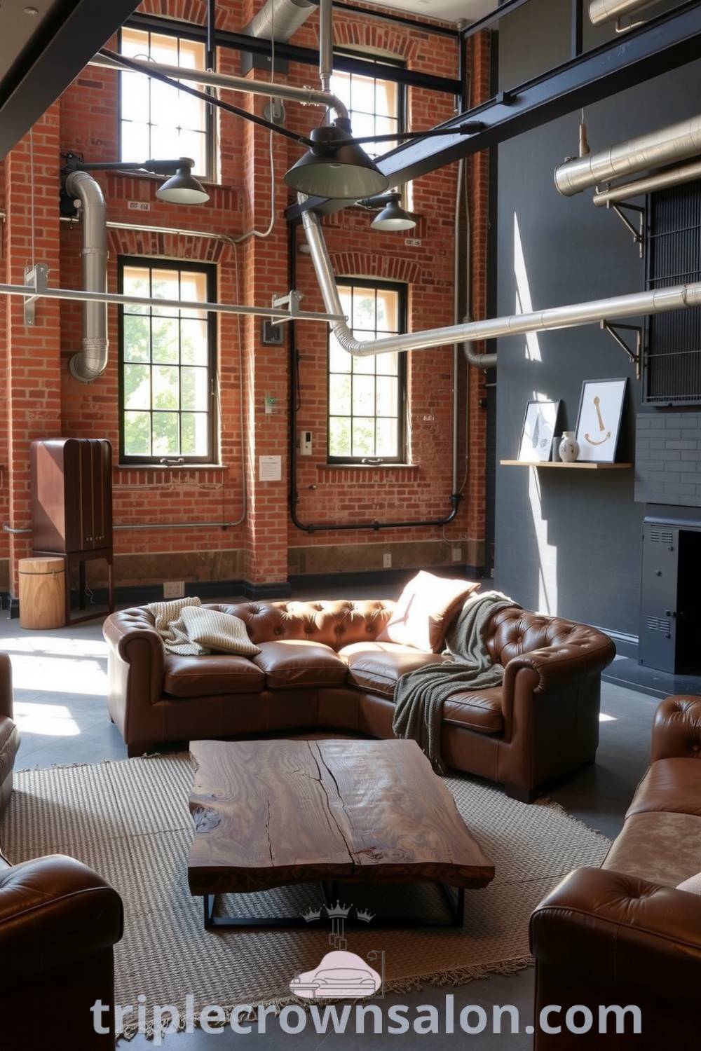 Industrial living room featuring exposed brick walls, aged leather furniture, a reclaimed wood coffee table, and soft natural light, creating a cozy aesthetic with unique decor ideas for your home, visit triplecrownsalon.com.