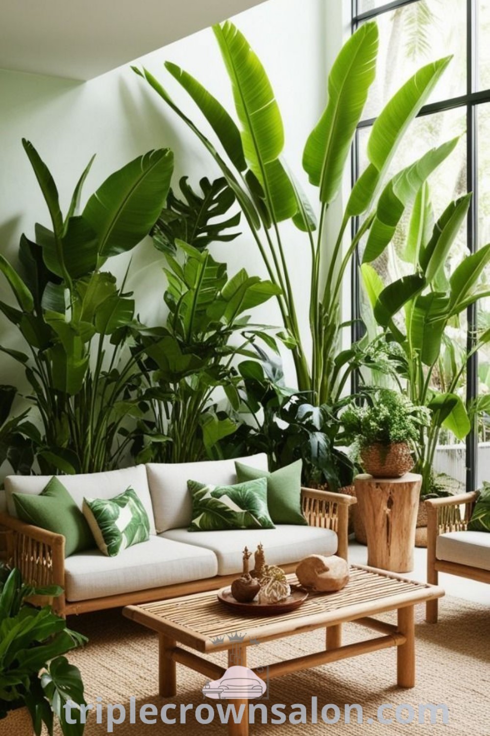A vibrant living room filled with lush green plants, showcasing cozy ideas and decor inspirations. This scene highlights tropical interior design elements and minimalist dining room styles, providing unique ideas for your home. Find more design tips and inspirations at triplecrownsalon.com.
