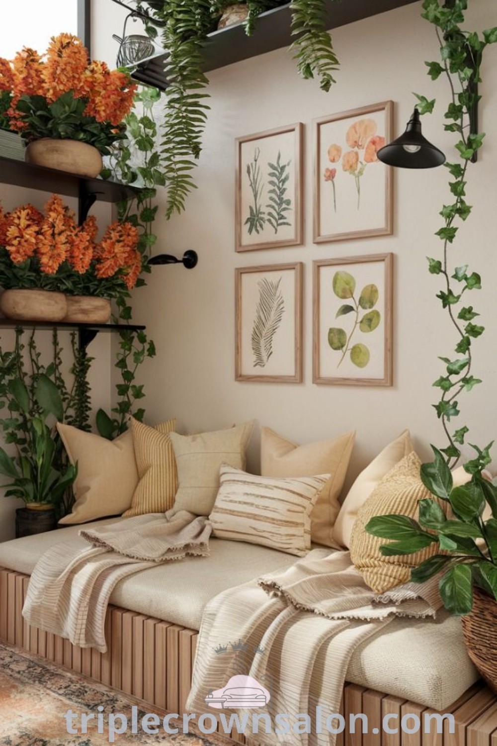 A vibrant living room filled with various indoor plants, showcasing an apartment boho aesthetic with earthy decor and cozy ideas. This lush setting provides unique plant room ideas and inspiring designs for creating a modern jungle feel in your home. Explore more innovative decor ideas at triplecrownsalon.com.
