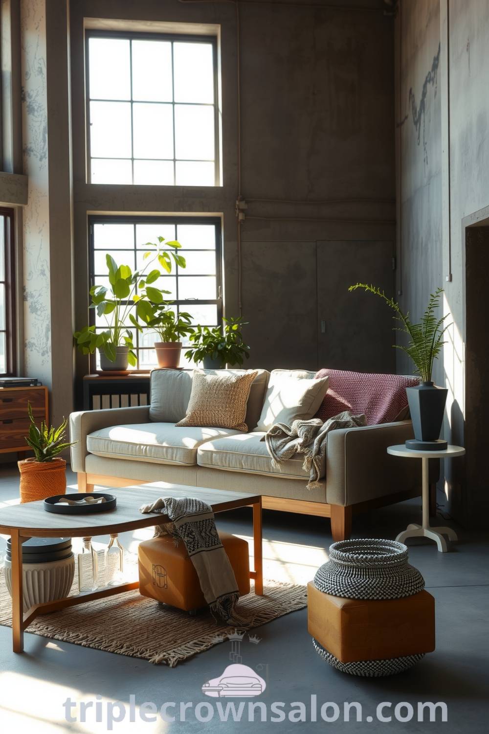 Industrial living room with exposed grey concrete walls, warm wooden furniture, a plush sofa, a reclaimed metal coffee table, factory-style windows, and greenery in vintage pots, featuring cozy ideas and decor inspirations for your home at triplecrownsalon.com.